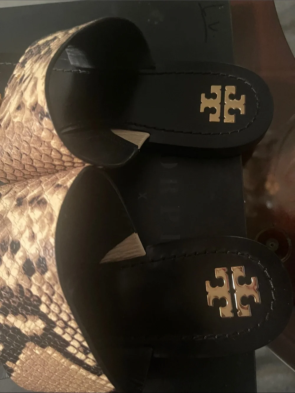 Tory Burch Black Slides with Snake-Print Strap and Gold Discs